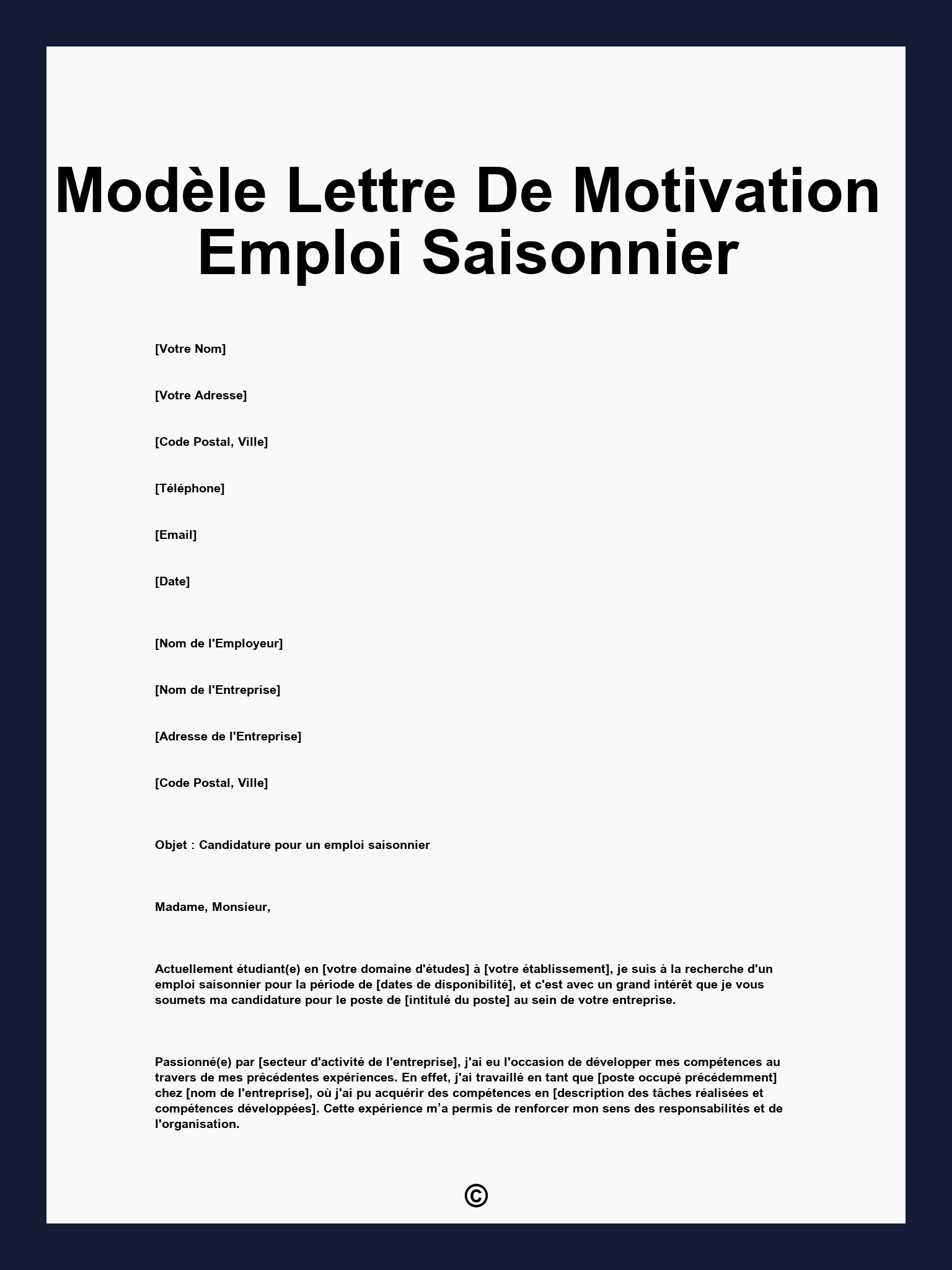 Modèle Lettre De Motivation Emploi Saisonnier