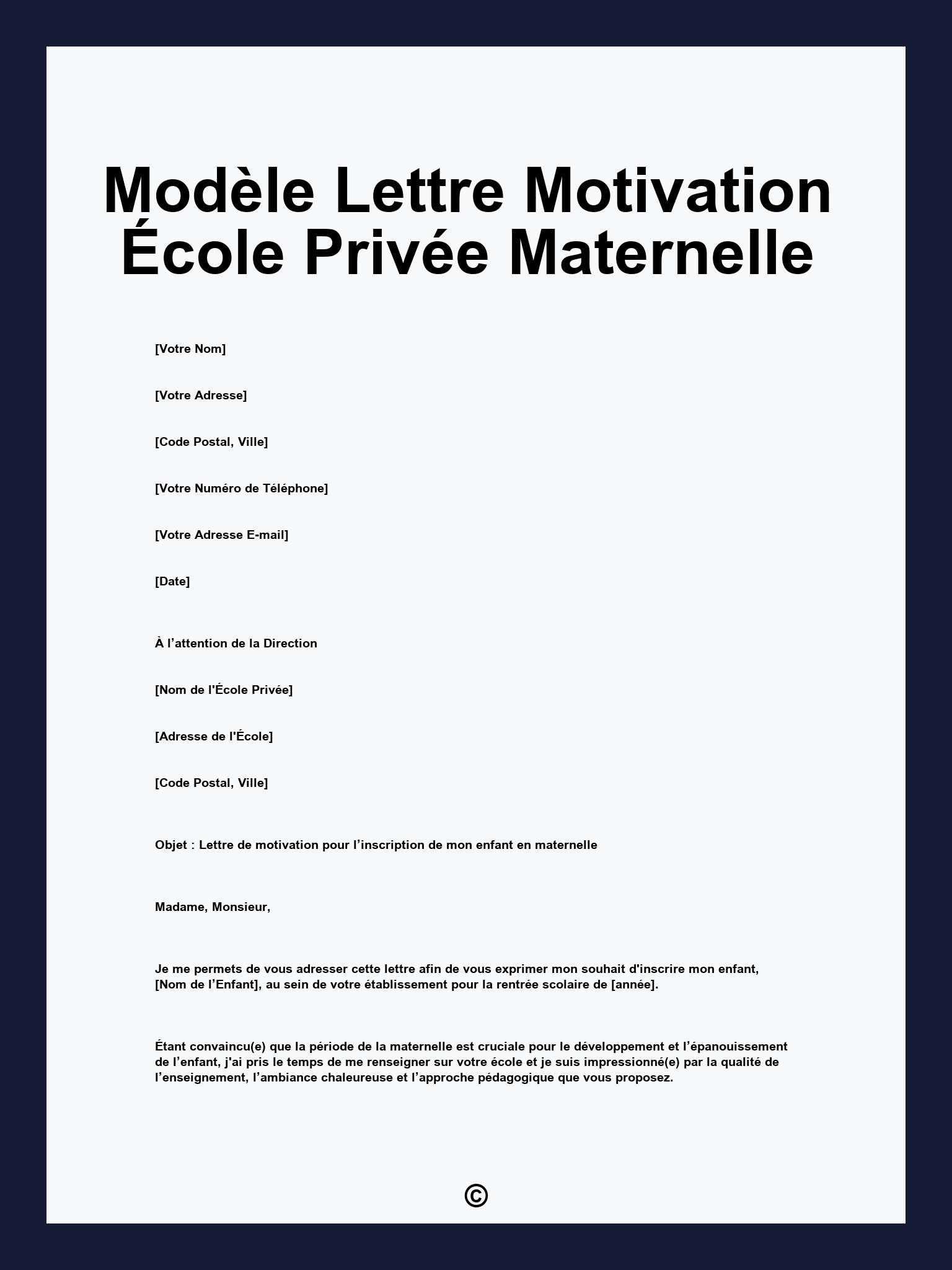 Modèle Lettre Motivation École Privée Maternelle
